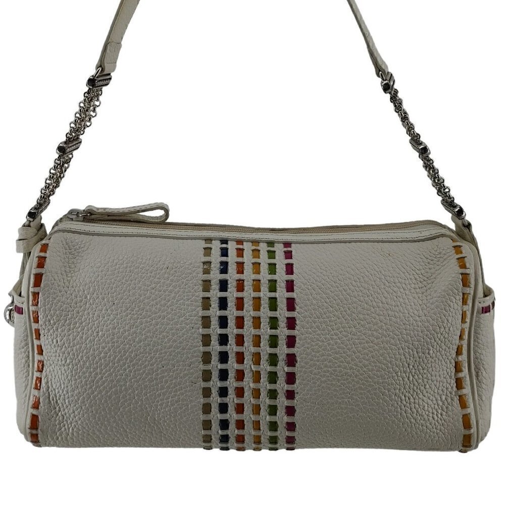 BRIGHTON White Pebble Leather Barrel Shoulder Bag Chain Strap Accents Bag Charm